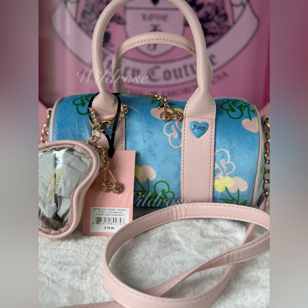 Juicy Couture Retro Juicy Cherry  hearts Mini Barrel Crossbody Bag Blue Gleam